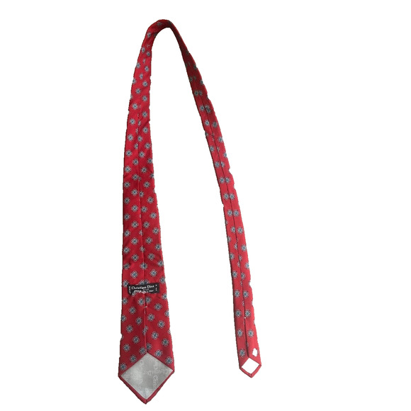 Christian Dior Red Silk Tie Geometric Diamond Pattern Woven Italy Made USA 3.5" - Picture 4 of 7